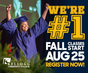 A graduate smiles and raises her arms from stage during Commencement on a graphic with text that reads, "We're #1. Fall classes start Aug. 25. Register now."