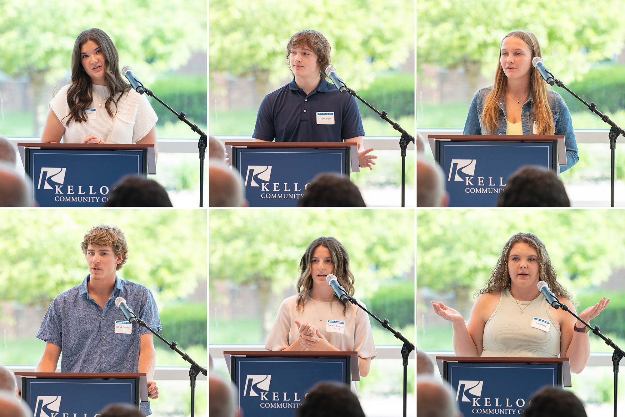A collage of six pictures of the six scholarship recipients who presented at the President's Breakfast event.