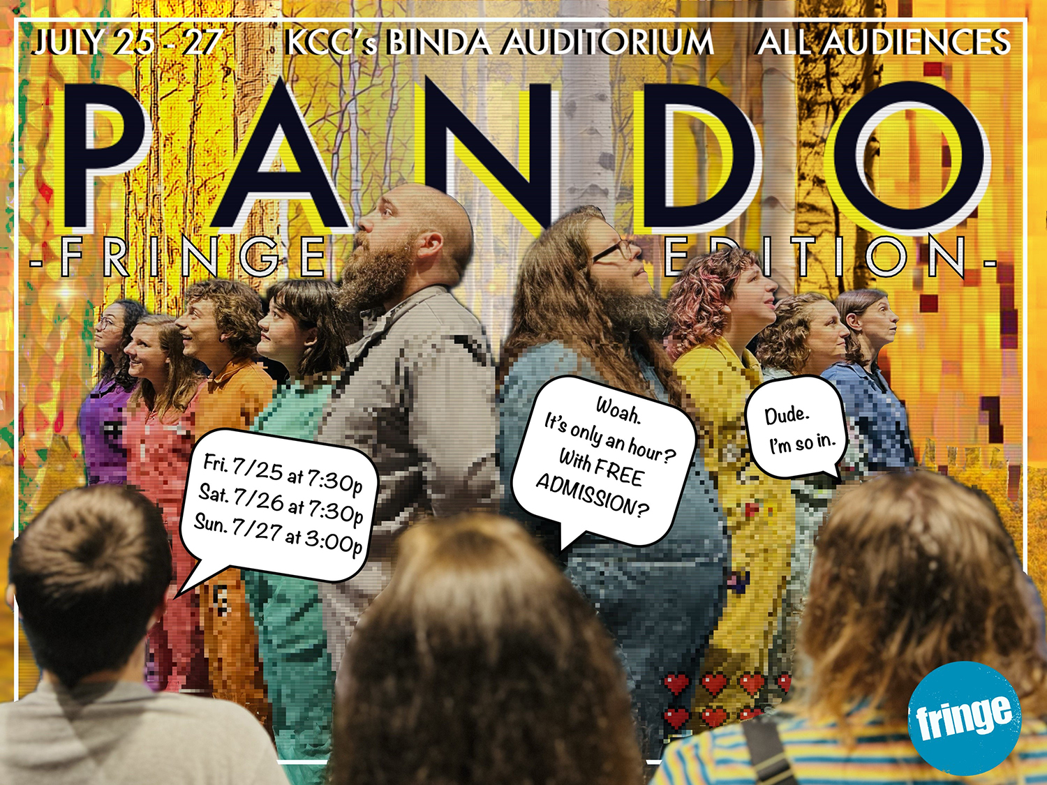 A decorative promotional "Pando" graphic including an image of the cast.
