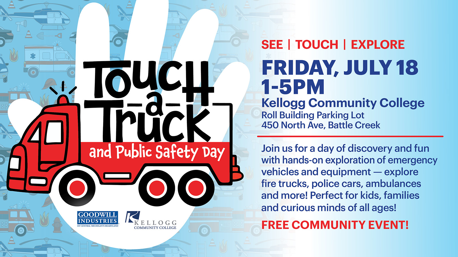 A promotional text graphic for Touch a Truck and Public Safety Day featuring an illustration of a firetruck.