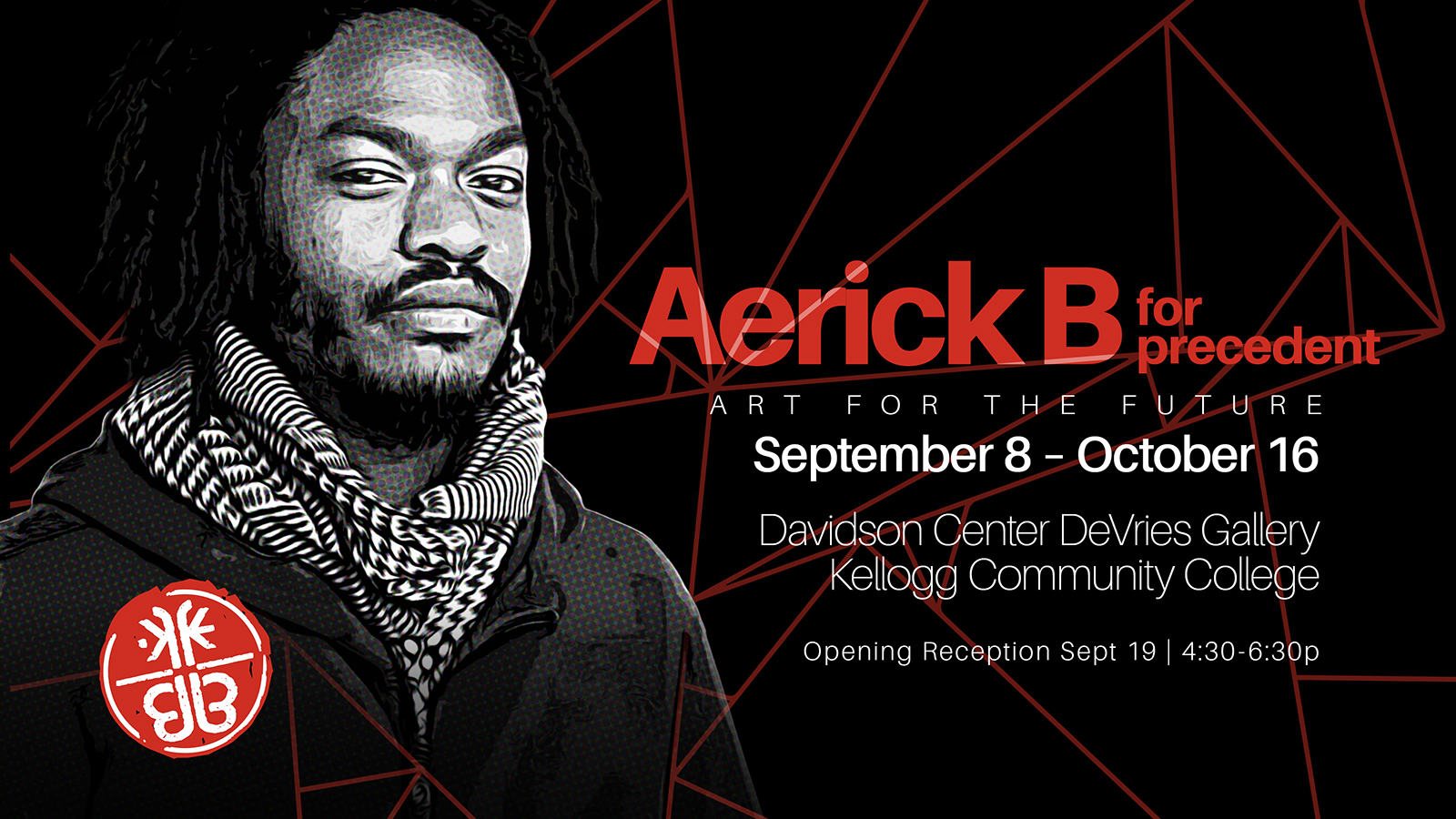 A promotional graphic featuring a portrait of the artist Aerick B. and textual information about his exhibit included in the accompanying post.