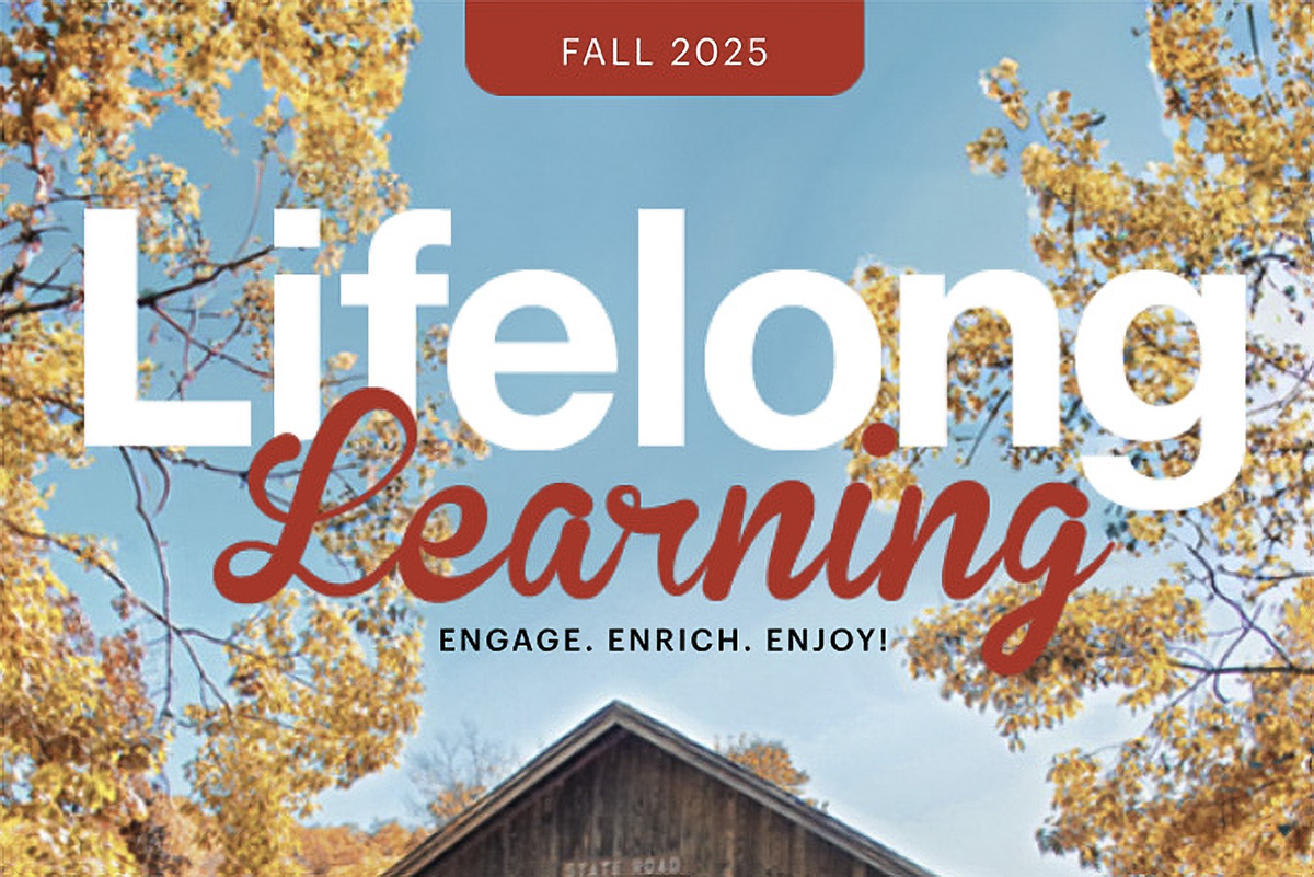 A cropped portion of the fall Lifelong Learning schedule's cover showing fall leave behind text that reads, "Fall 2025 Lifelong Learning."