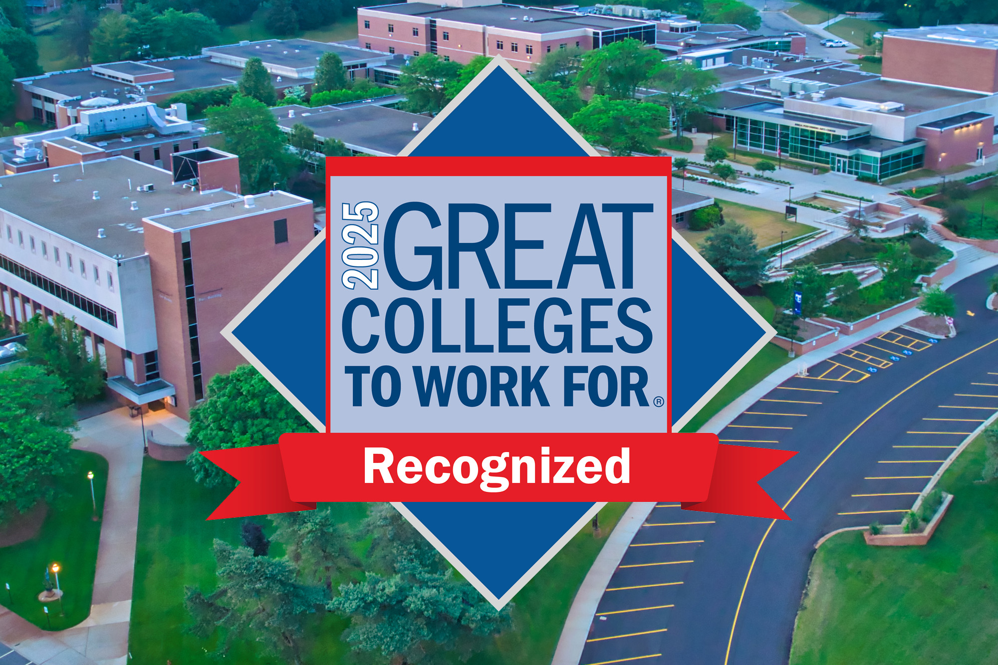 The Great Colleges to Work For logo embedded over an aerial view of campus.