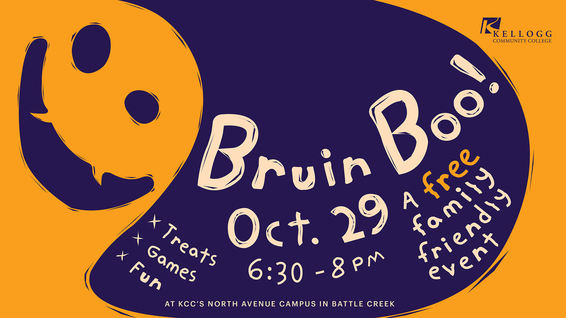 Illustration of an orange ghost on a promotional slide with text on it that reads, "Bruin Boo! Treats, games, fun. 6:30 to 8 p.m. Oct. 29. A free family-friendly event on KCC's North Avenue campus in Battle Creek."