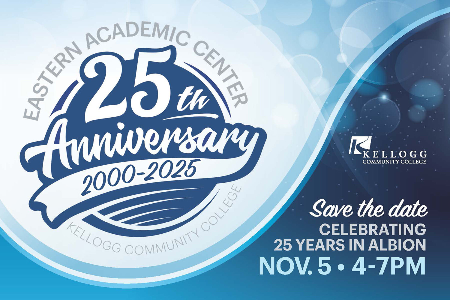 A promotional graphic with a 25th anniversary logo in it and text that reads, "Save the date. Celebrating 25 years in Albion. Nov. 5. 4-7 p.m."