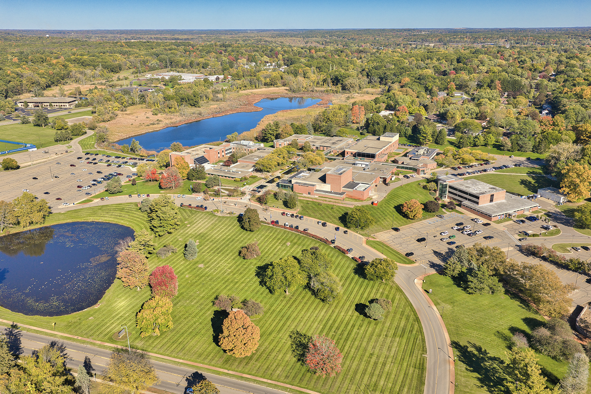 An aerial drone photo of the North Avenue campus in Battle Creek.