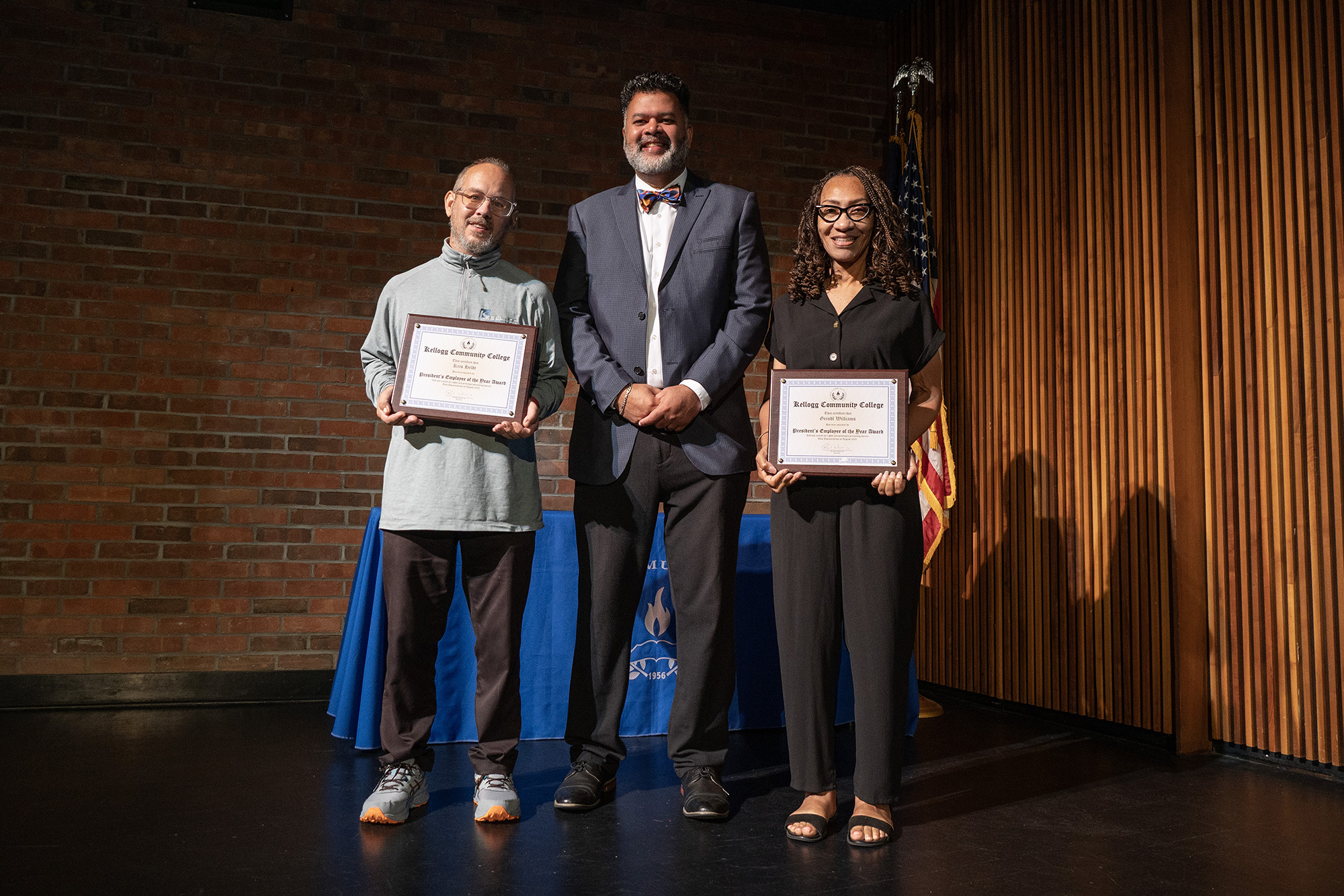 Pictured, from left to right, are Employee of the Year Kris Heldt, KCC President Dr. Paul Watson and Employee of the Year Grindl Williams.