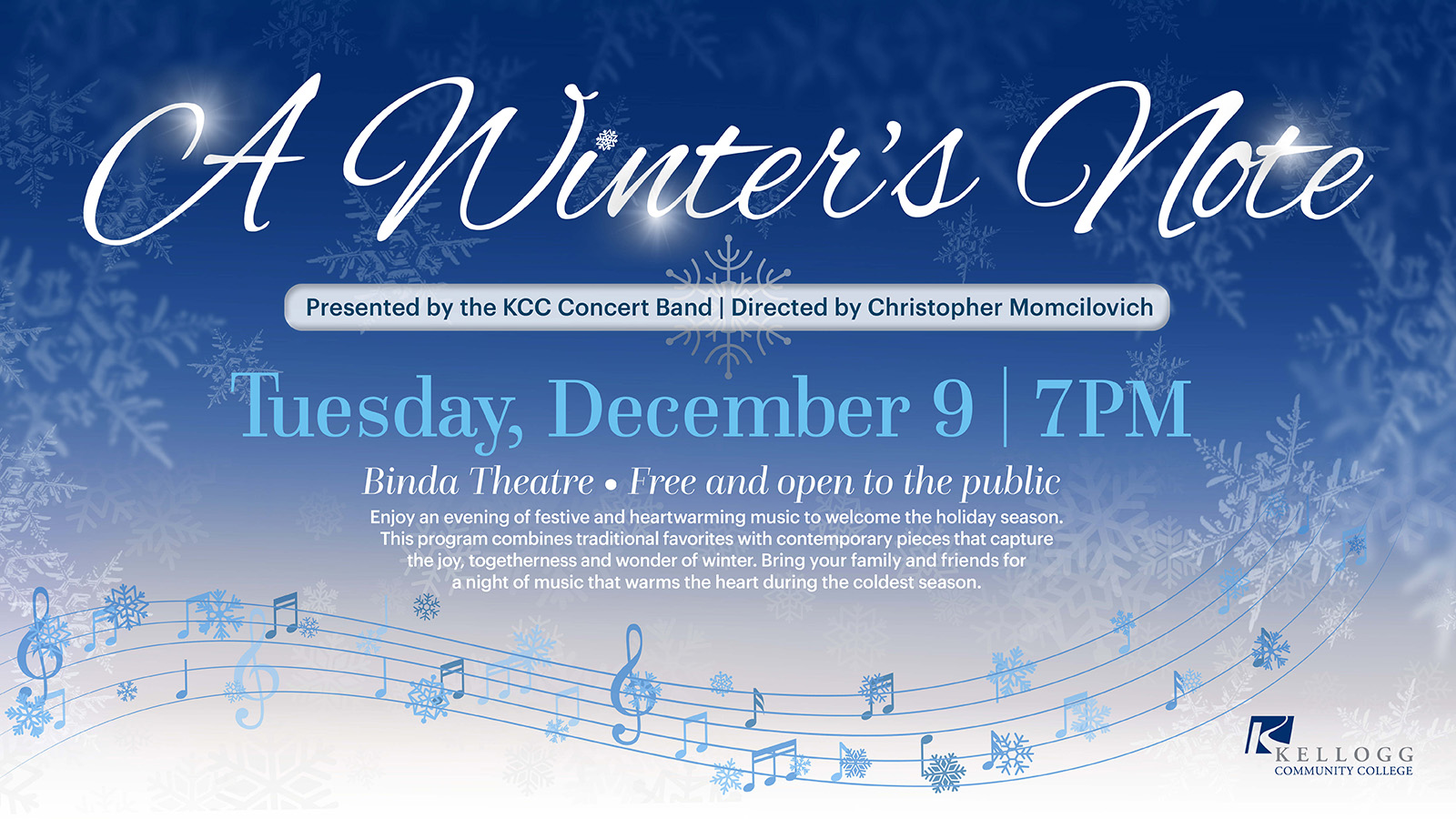 A promotional "A Winter's Note" event slide graphic featuring stylized illustrations of musical notes and text about the event that's included in the article it's illustrating.