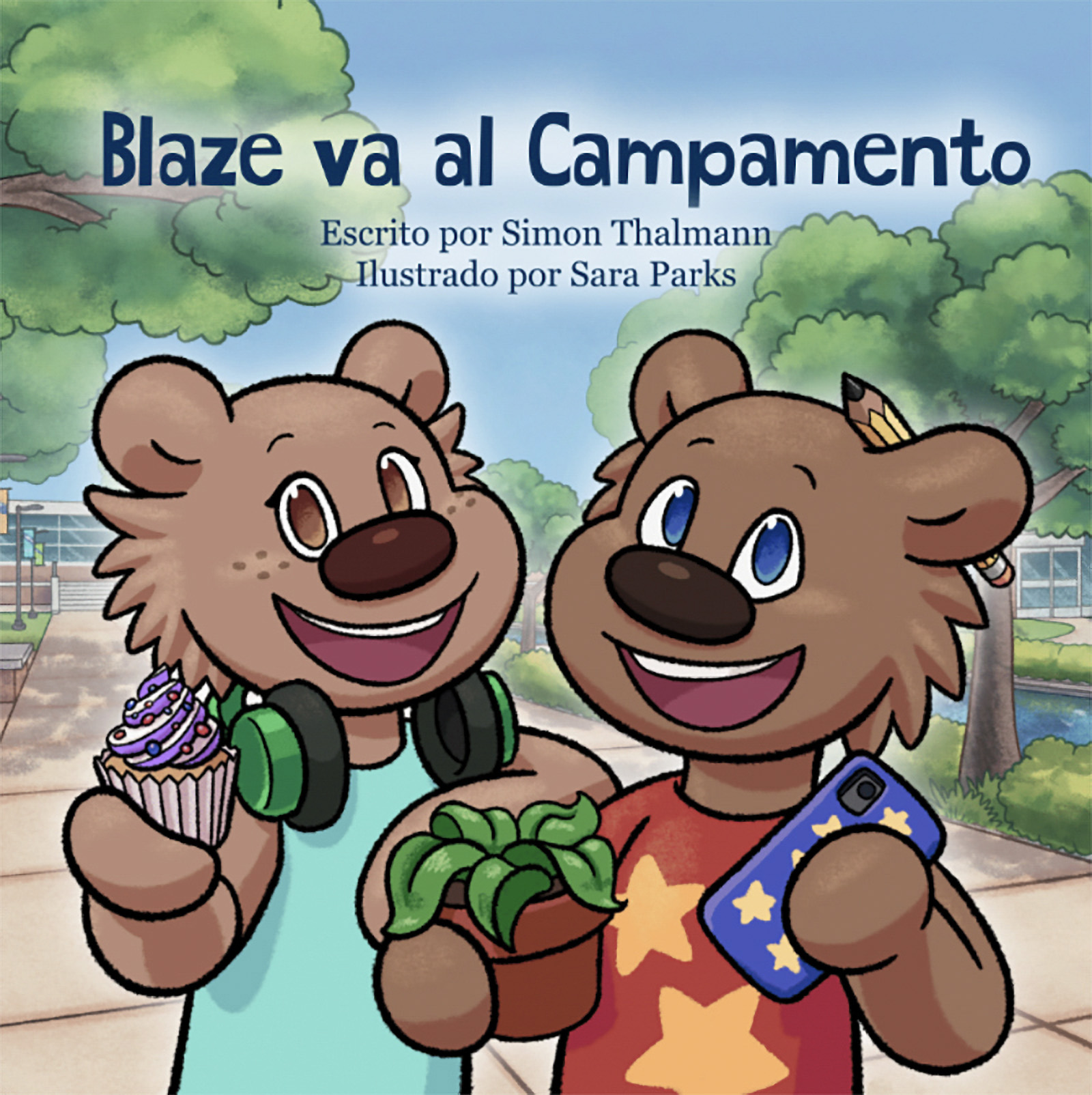 The cover of the children's book "Blaze va al Campamento," featuring an illustration of two cartoon bears.
