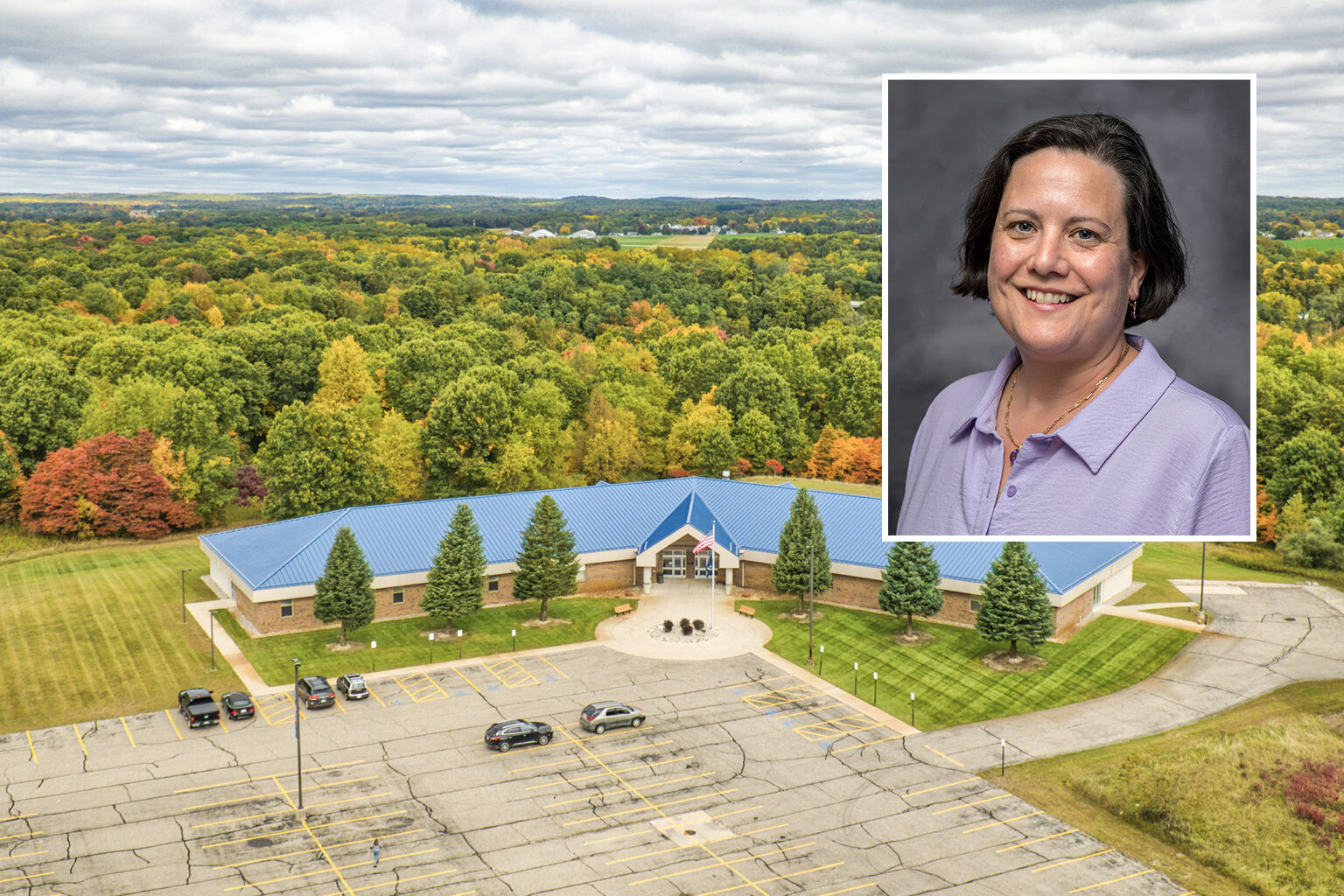 A headshot photo of KCC employee Maggie Murphy over an aerial drone photo of the College's Fehsenfeld Center campus in Hastings.