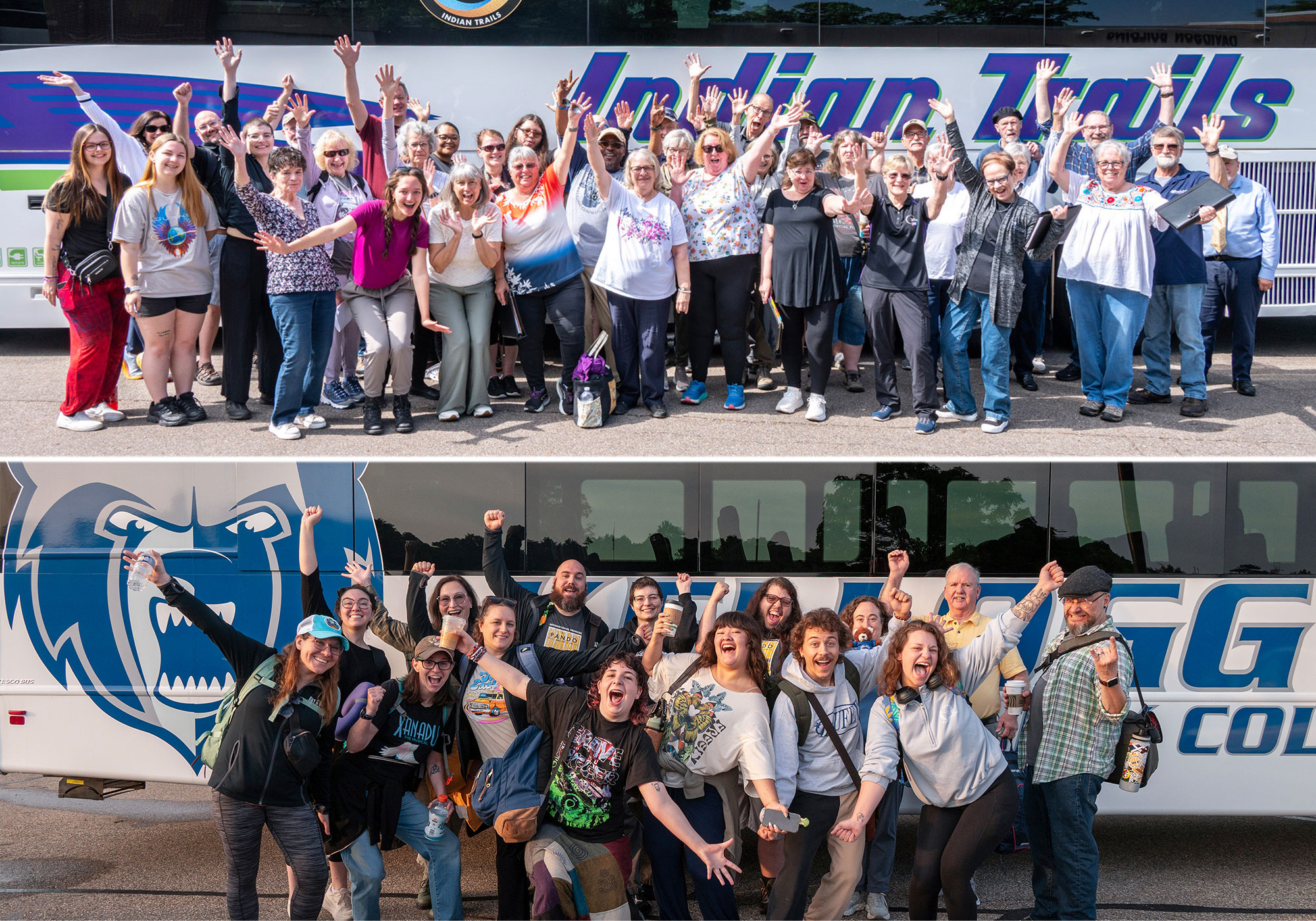 A collage of two photos showing tour groups posing for group photos in front of their tour bus.