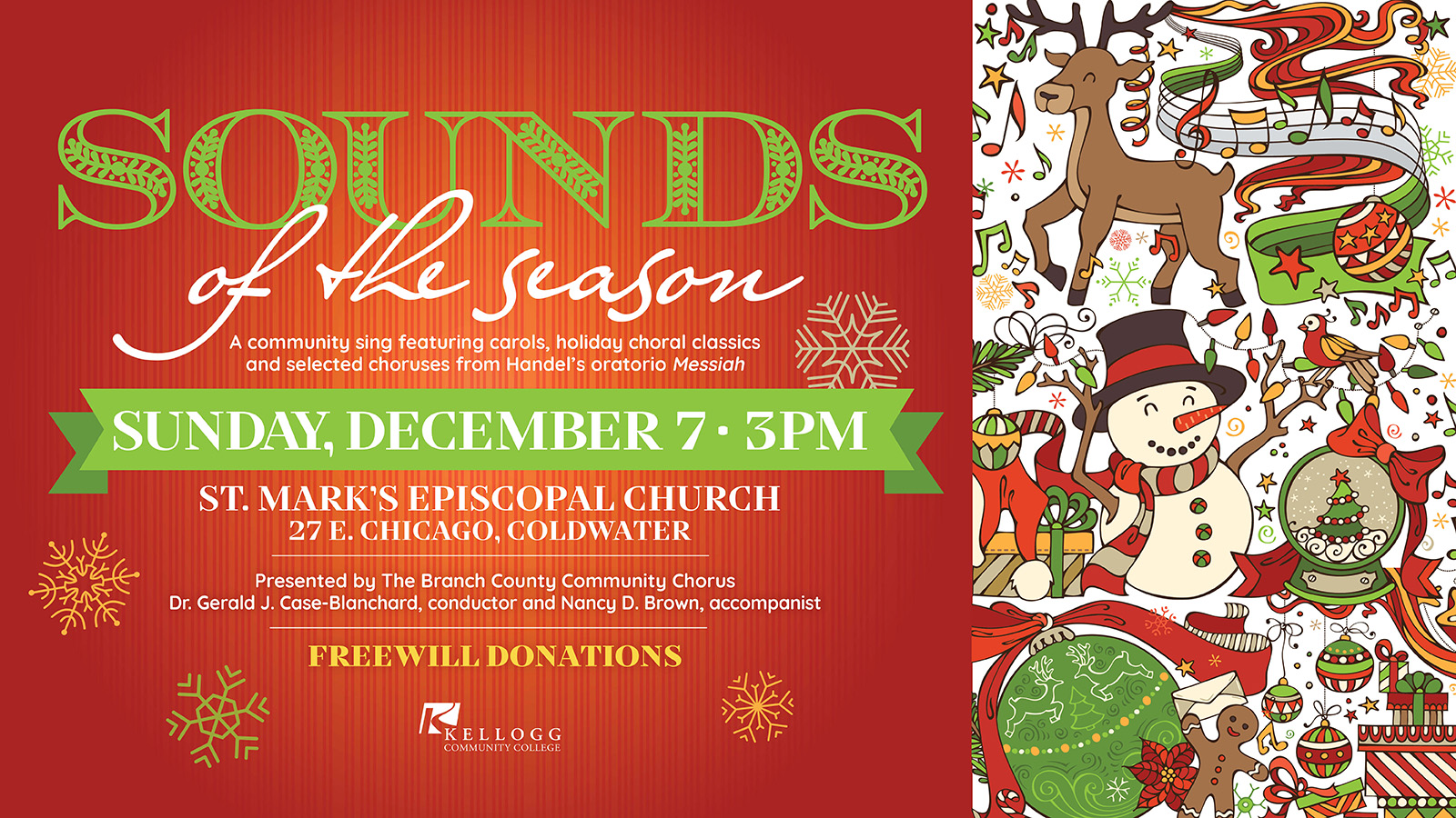 A festive "Sounds of the Season" promotional slide featuring holiday images including a reindeer and snowman along with the text about the event included in the article it's illustrating.