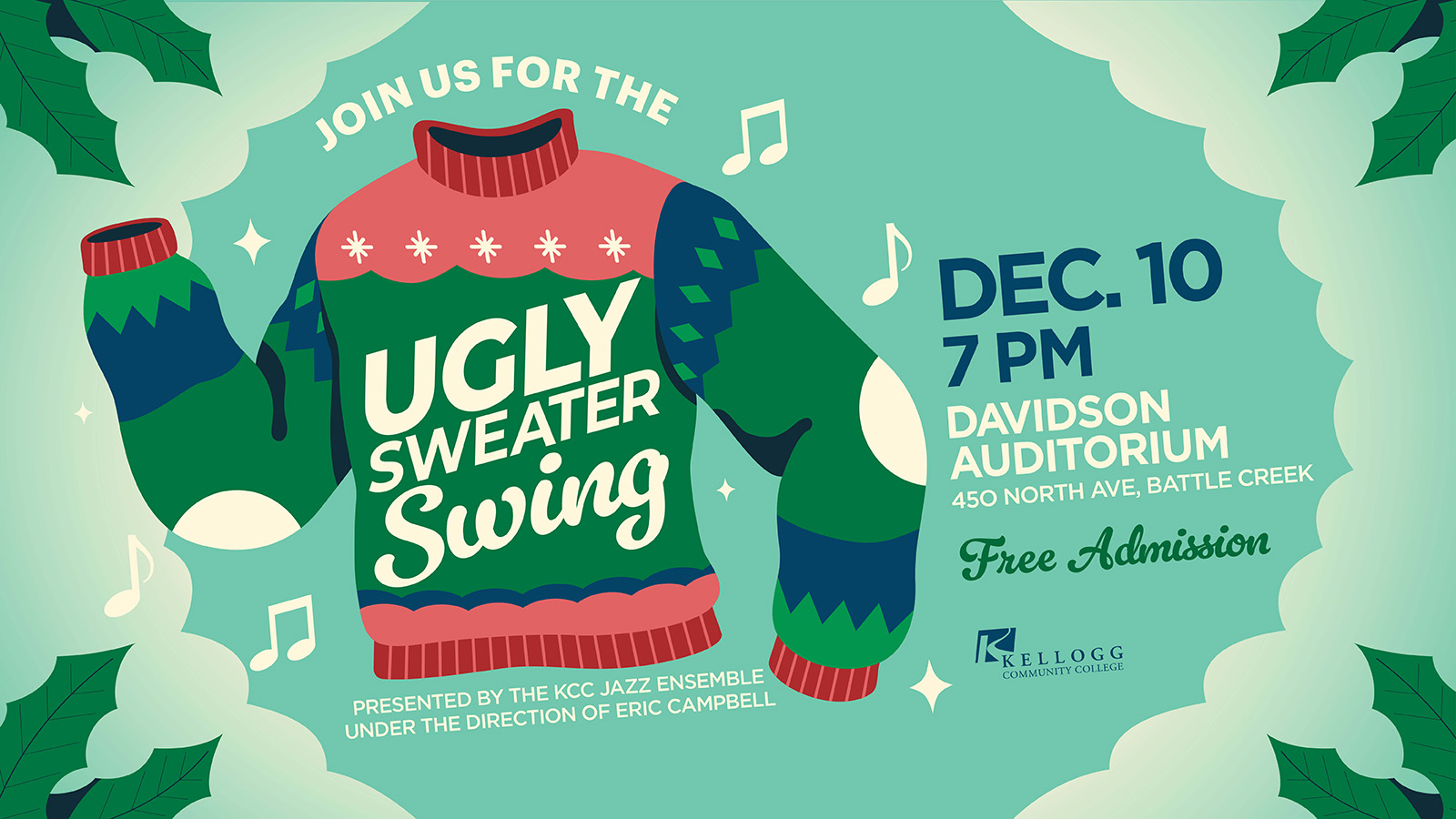 An illustration of an ugly holiday sweater on an "Ugly Sweater Swing" promotional event slide that also includes text about the event from the article it's illustrating.