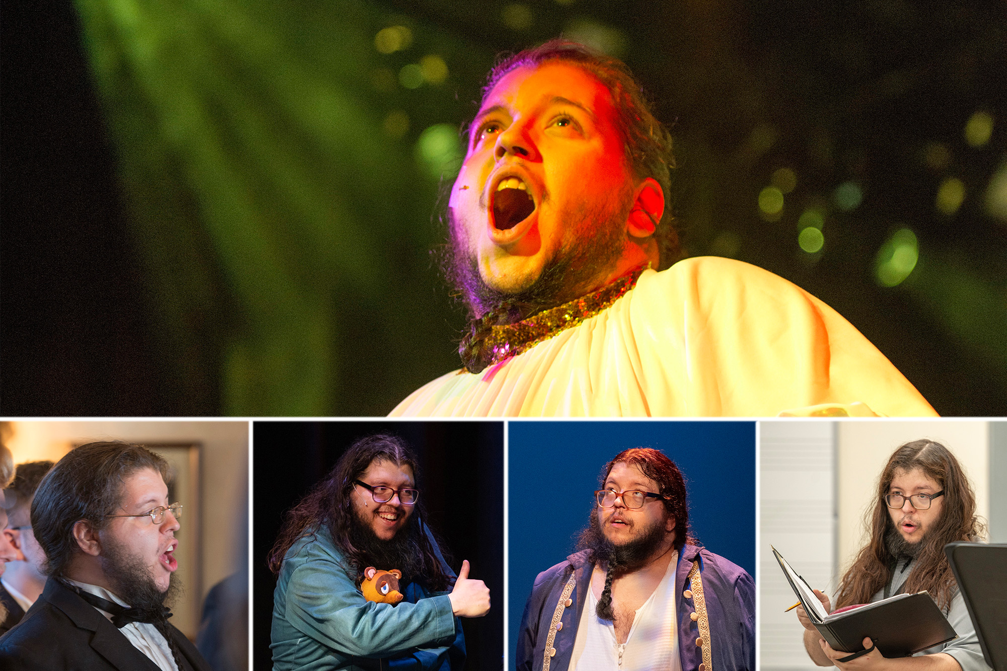 A collage of photos of KCC alumnus Patrick Lucas singing and performing in KCC productions.