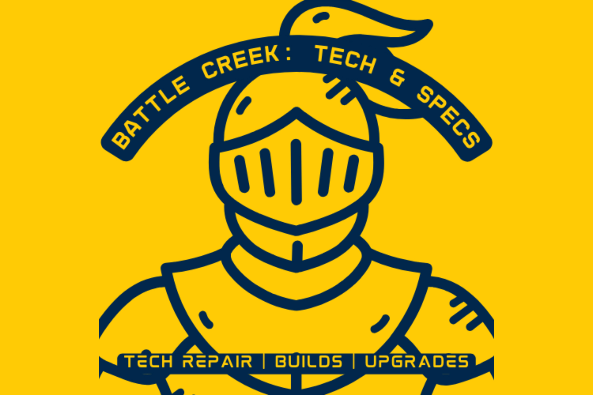 The Battle Creek: Tech & Specs logo featuring a line drawing of a knight in blue on a yellow background.