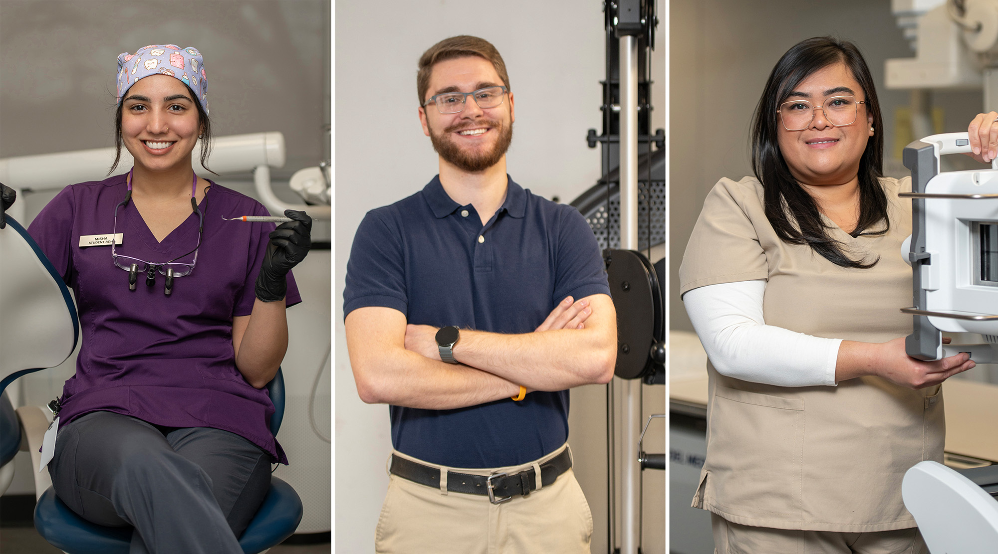 A collage of three photos showing a Dental Hygiene student, a Physical Therapist Assistant student and a Radiography student.