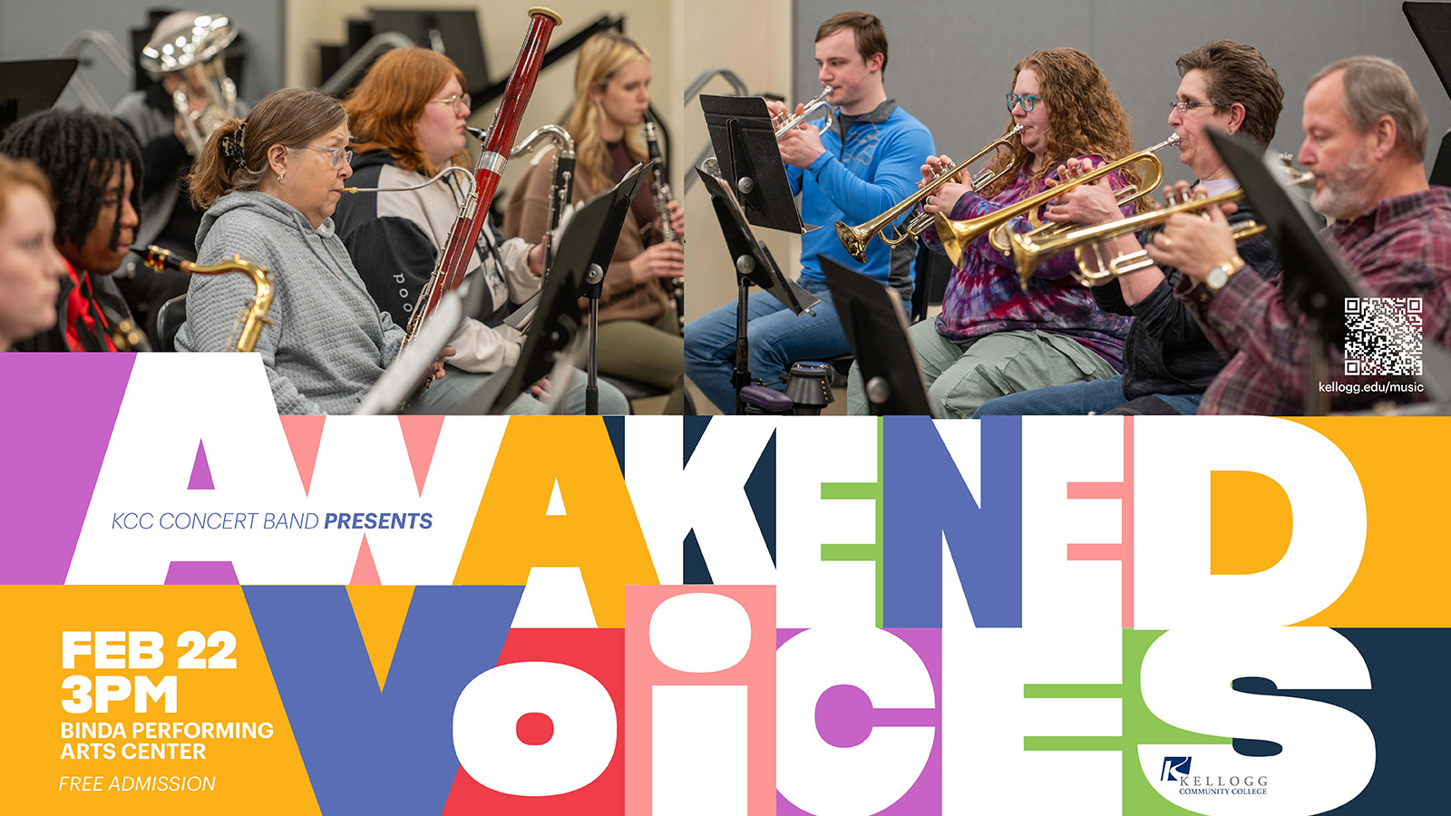 Musicians play instruments on a promotional concert slide with text on it that reads, “KCC Concert Band presents Awakened Voices. 3 p.m. Feb. 22, Binda Performing Arts Center. Free admission.”