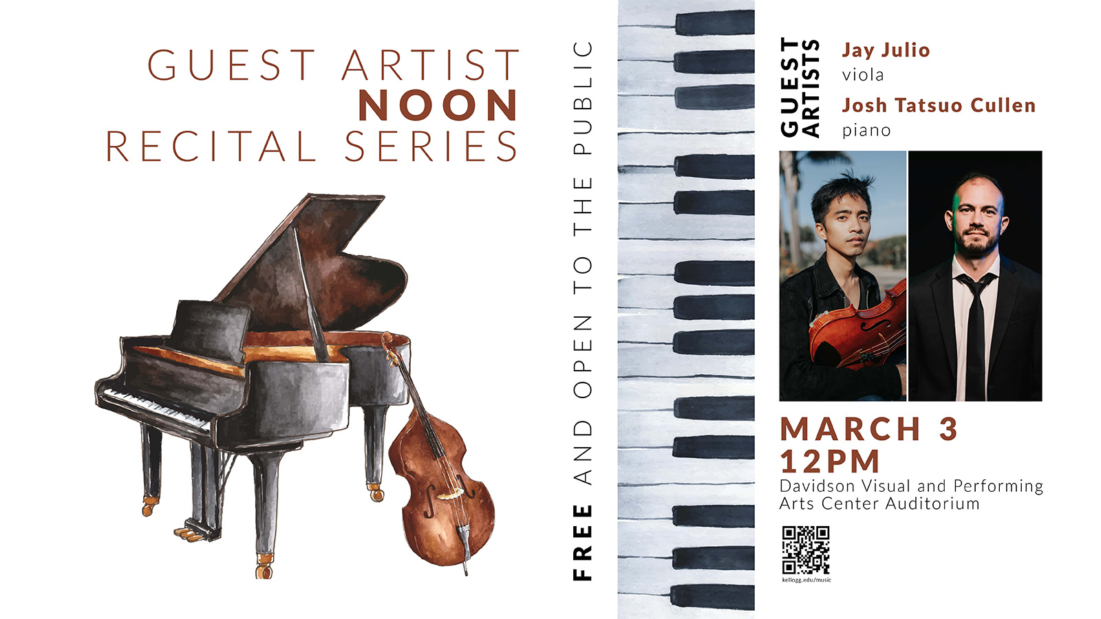 A watercolor illustration of a piano and cello with headshot photos of two musicians on a promotional concert graphic with text on it that reads, “Noon Guest Artist Recital. Free and open to the public. Guest artists Jay Julio, viola, and Josh Tatsuo Cullen, piano. March 3, 12 p.m. Davidson Visual and Performing Arts Center.”