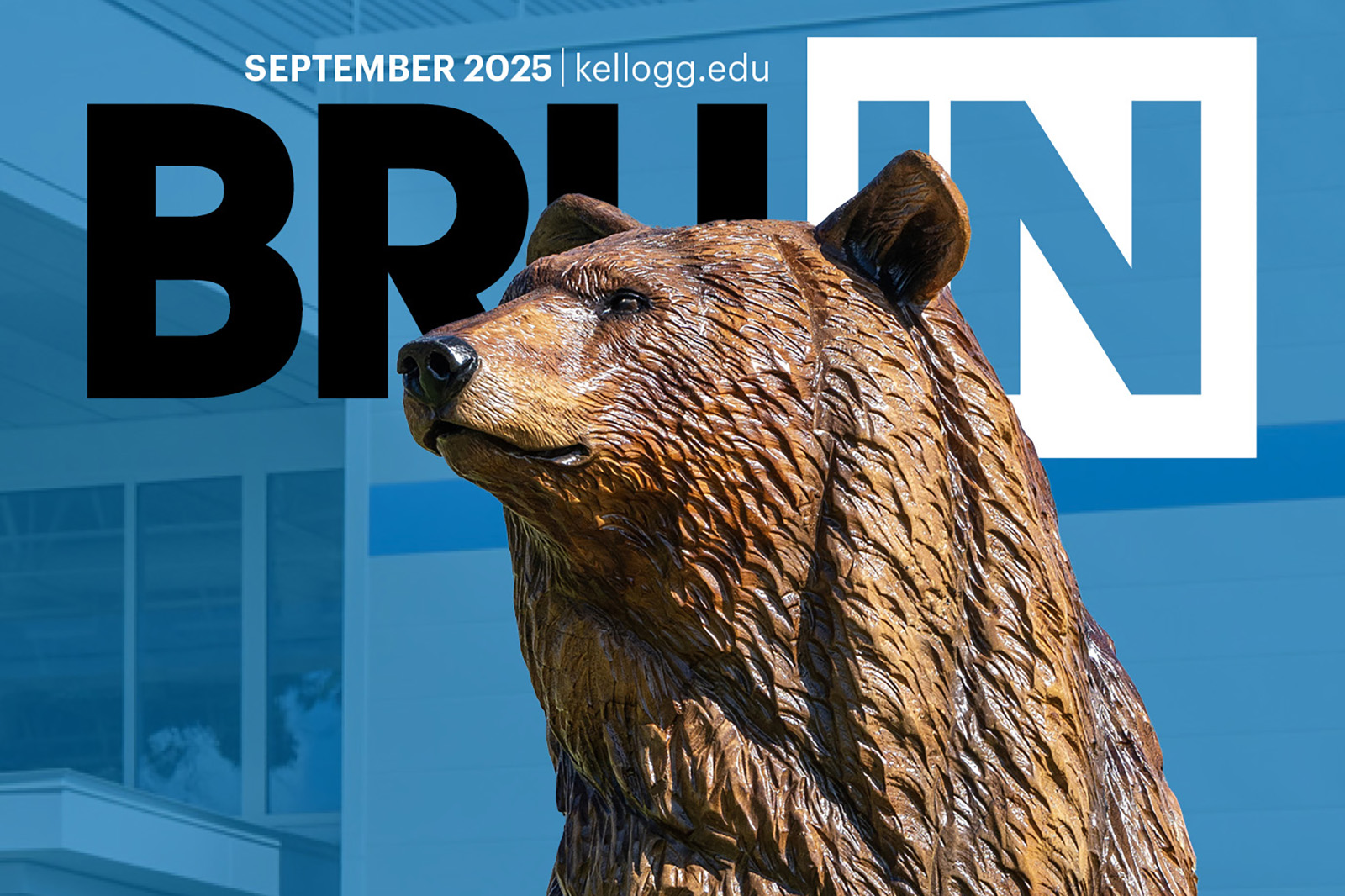 A horizontal crop of the top portion of the cover to the September 2025 issue of BruIN magazine, showing the magazine masthead and the head of a carved bear sculpture.