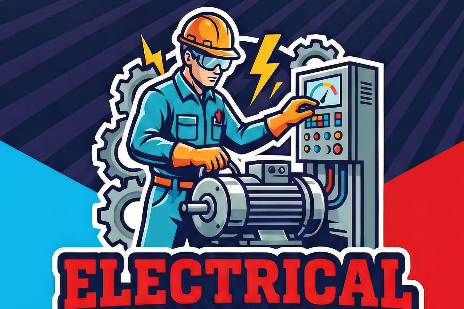 Illustration of a tradesperson on a promotional graphic with text on it that reads, "Electrical."