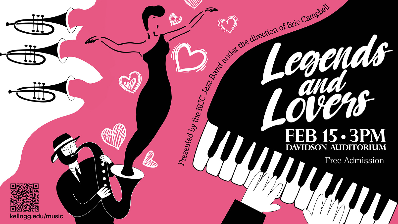 An abstract illustration of instruments and musicians on a promotional concert slide with text on it that reads, “Legends and Lovers. Presented by the KCC Jazz Band under the direction of Eric Campbell. 3 p.m. Feb. 15, Davidson Auditorium. Free admission.”