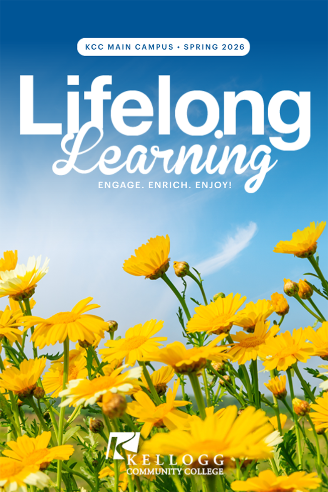 The cover of KCC's Spring 2026 Lifelong Learning schedule, featuring a photo of yellow flowers in front of a blue sky with text over the image reading, "Lifelong Learning."