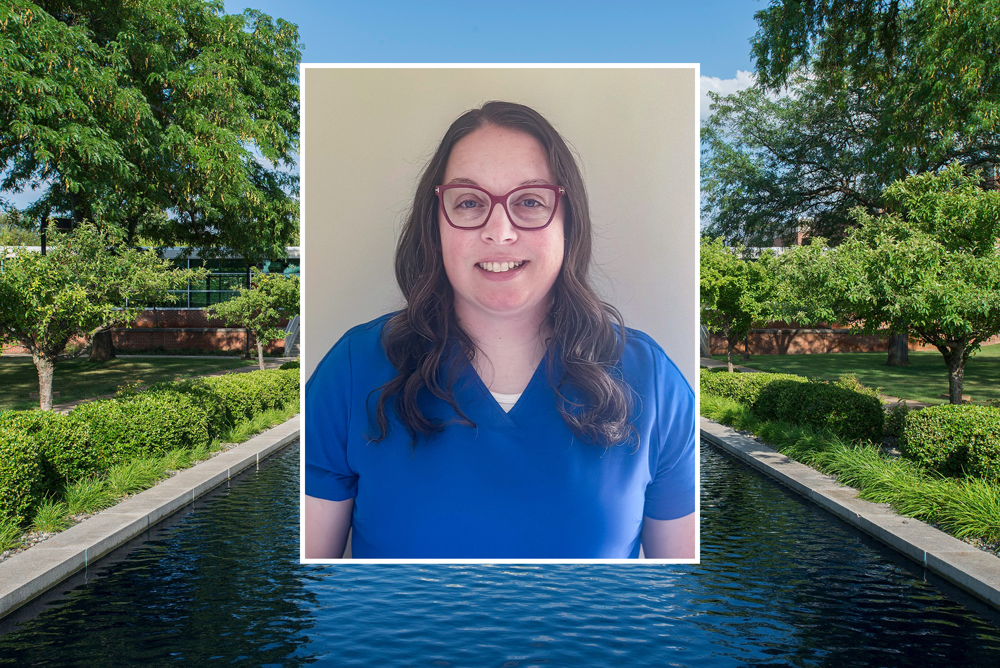 A headshot photo of Ashley Larson over a photo of the campus reflecting pools.