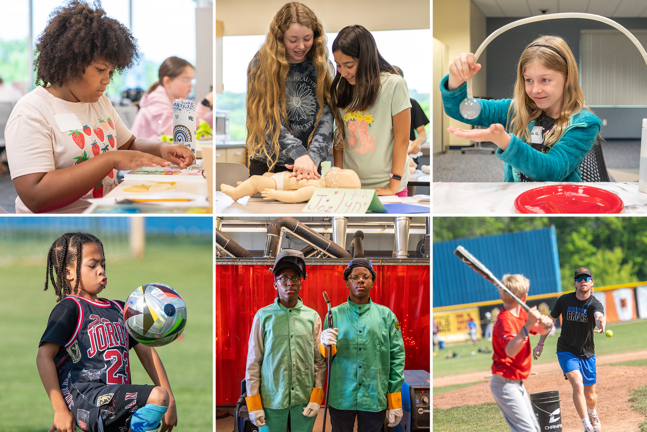 A collage of six photos of kids participating in various youth summer camp activities.