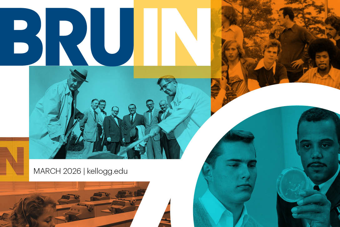 A crop of the cover of KCC’s March 2026 issue of BruIN magazine, featuring stylized archival photos with color overlays and the masthead that reads, BRUIN.