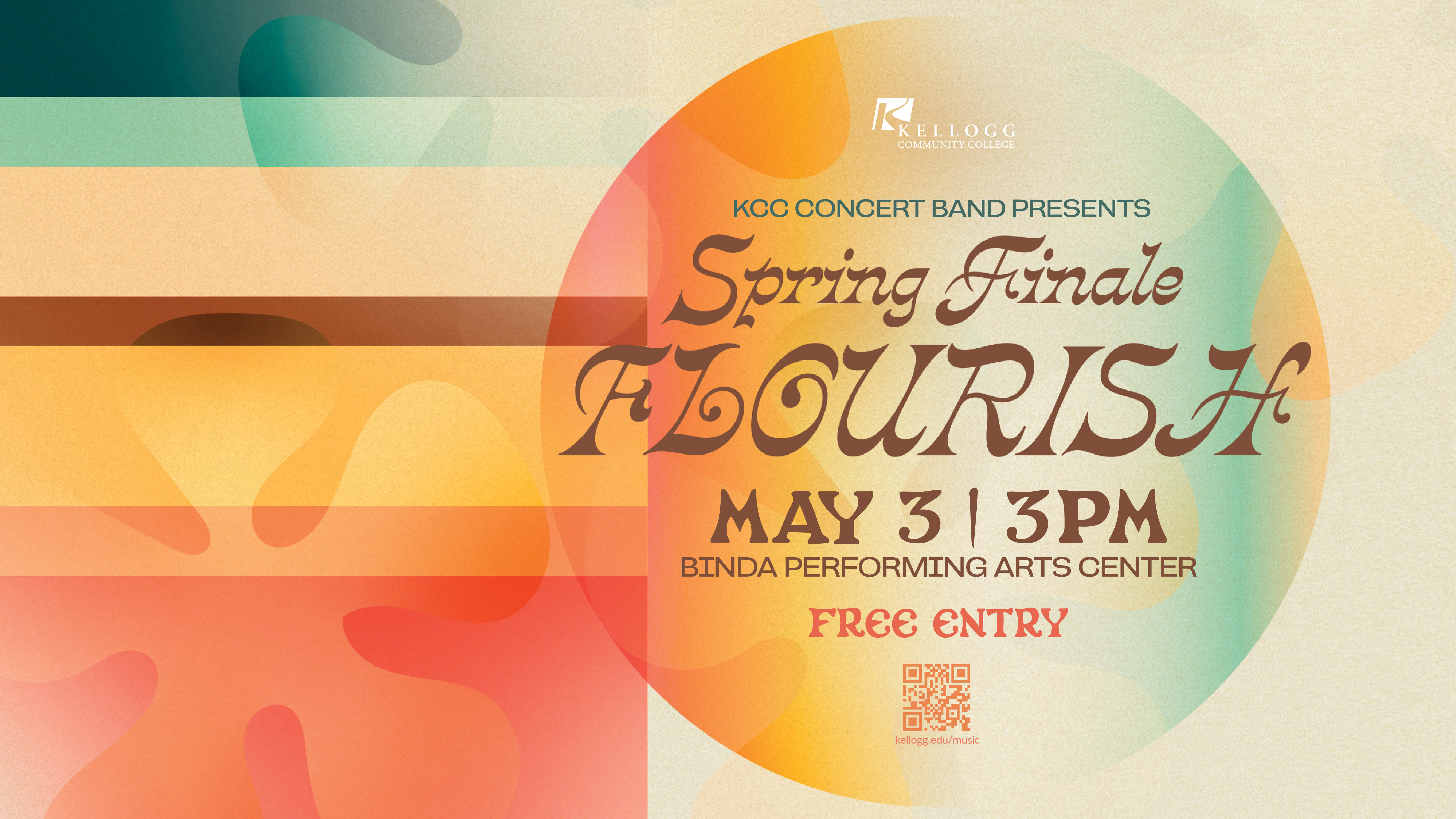 A promotional concert graphic with abstract designs and text on it that reads, “KCC Concert Band presents Spring Finale Flourish. May 3, 3 p.m. Binda Performing Arts Center. Free entry.”