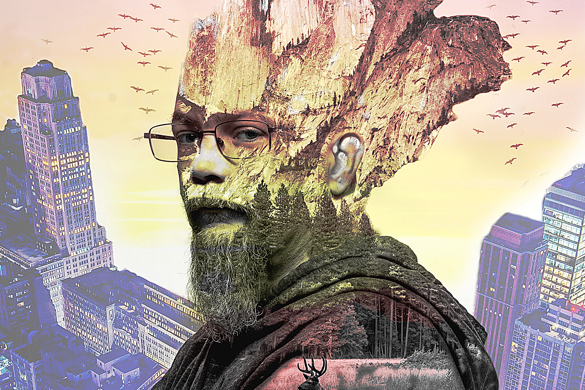 A stylized art portrait of a man with a rocks or pieces of wood coming out of his head, a transparent body and birds flying in the sky behind him.