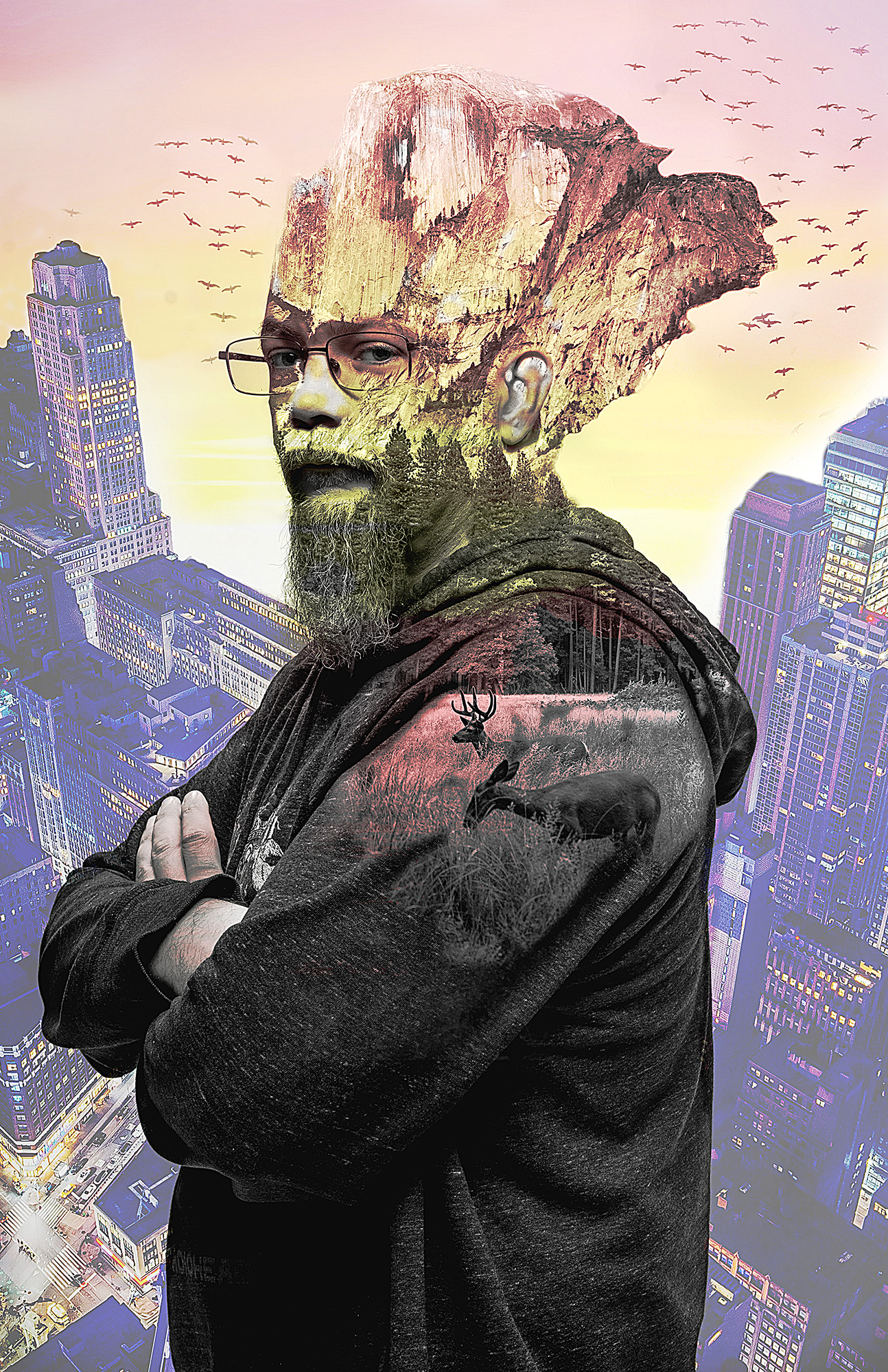 A stylized art portrait of a man with a rocks or pieces of wood coming out of his head, a transparent body and birds flying in the sky behind him.