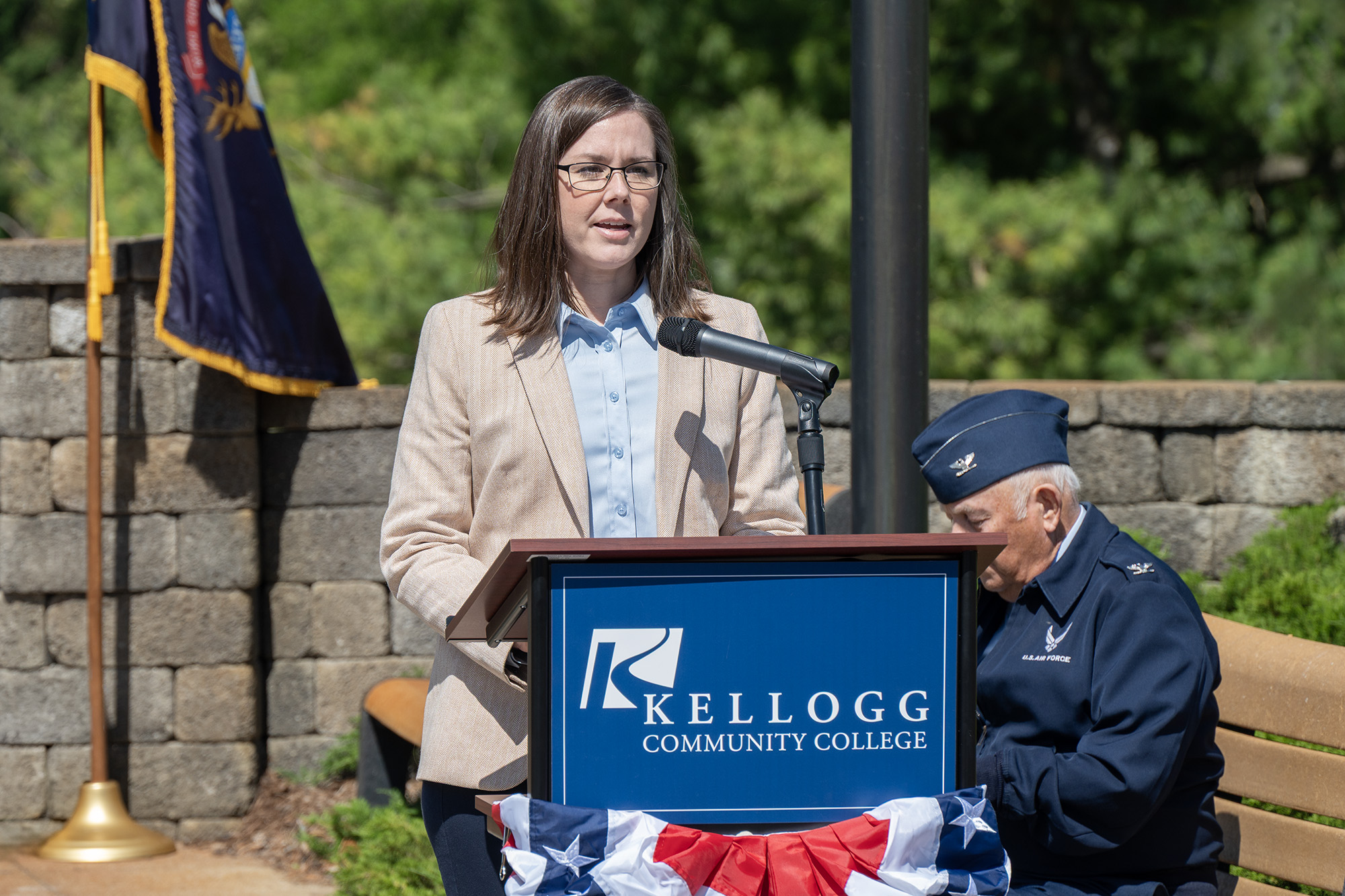 KCC Registrar Rachel Marciniec speaks at the College’s outdoor Memorial Day Ceremony on campus.