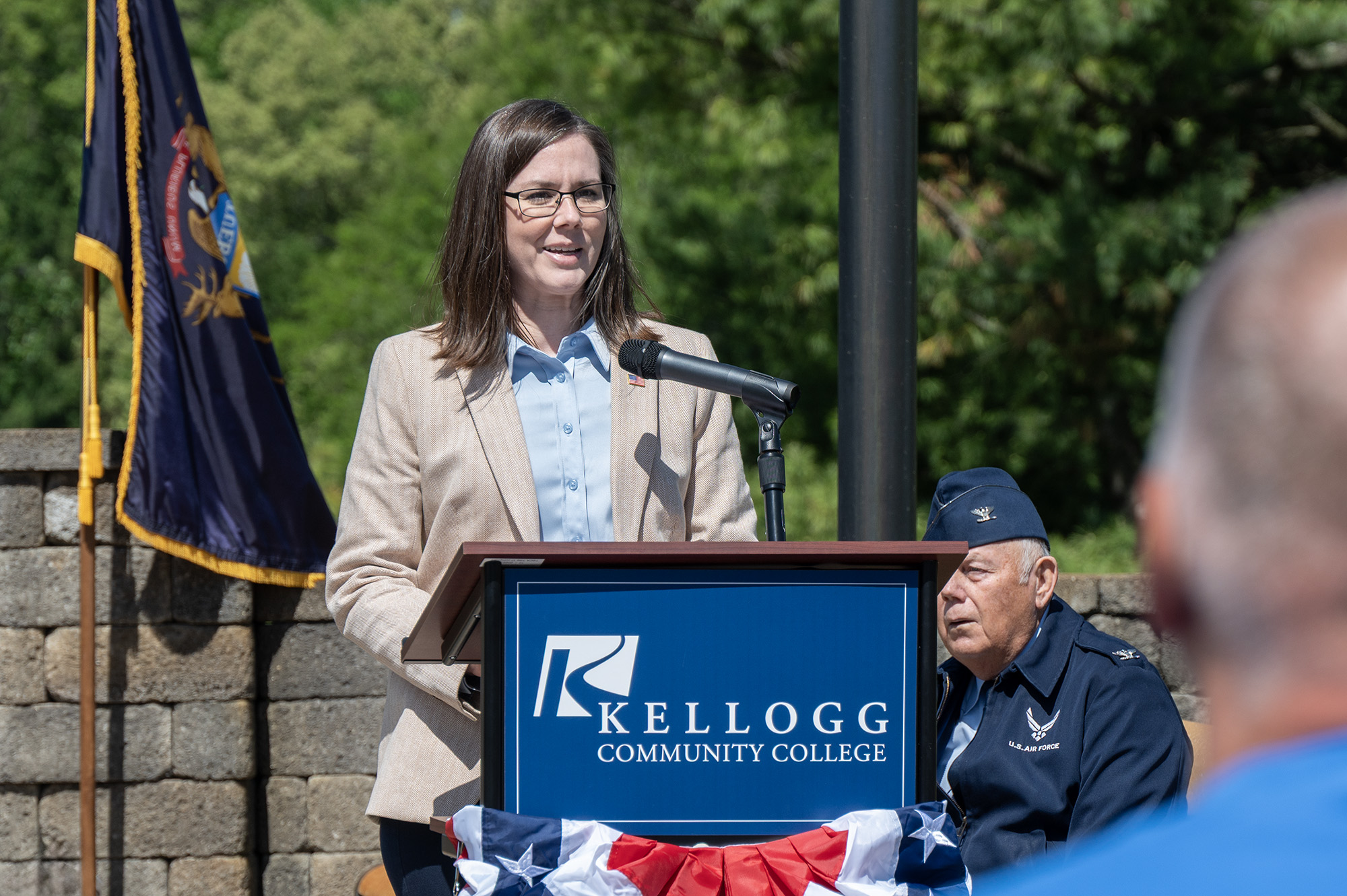 KCC Registrar Rachel Marciniec speaks at the College’s outdoor Memorial Day Ceremony on campus.