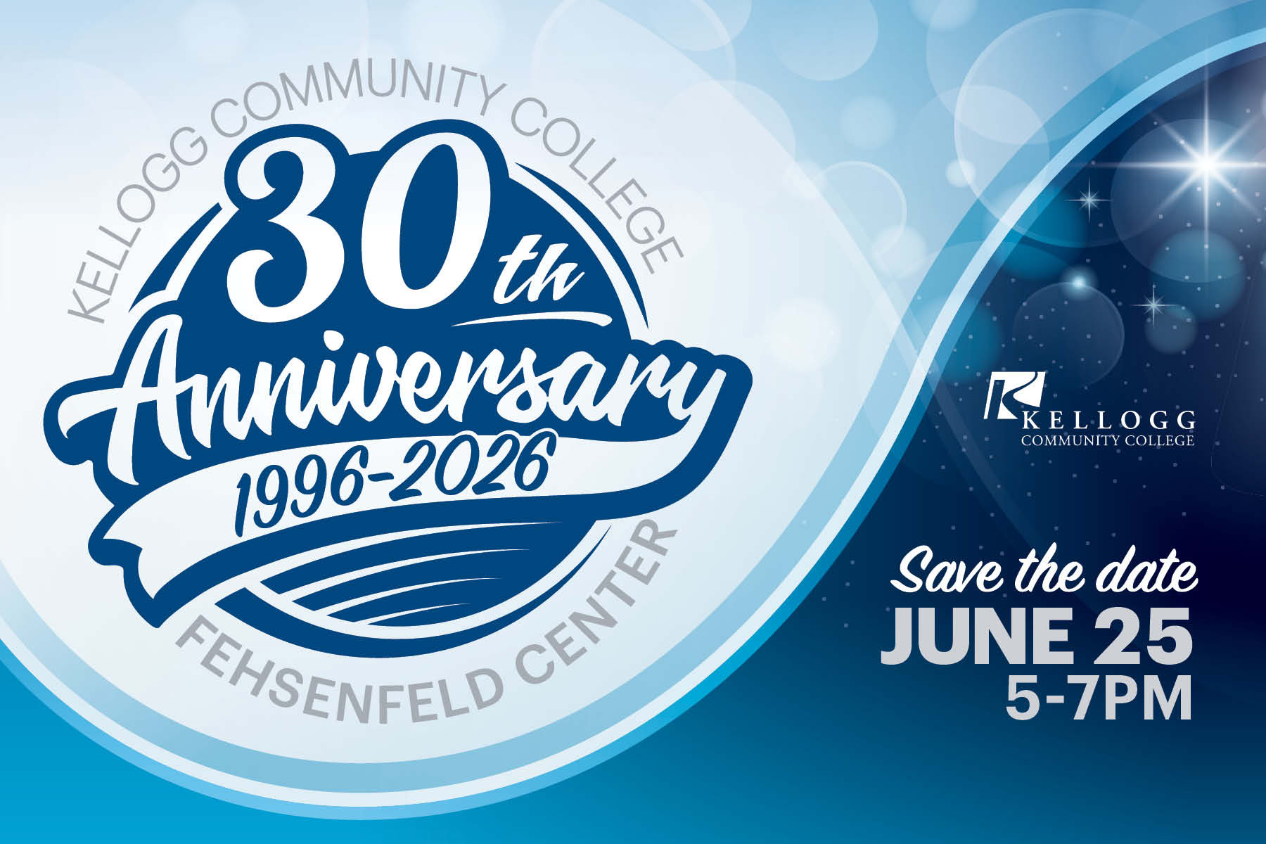 A promotional graphic featuring the Fehsenfeld Center 30th anniversary logo and text that reads, "Save the date, June 25, 5-7 p.m."