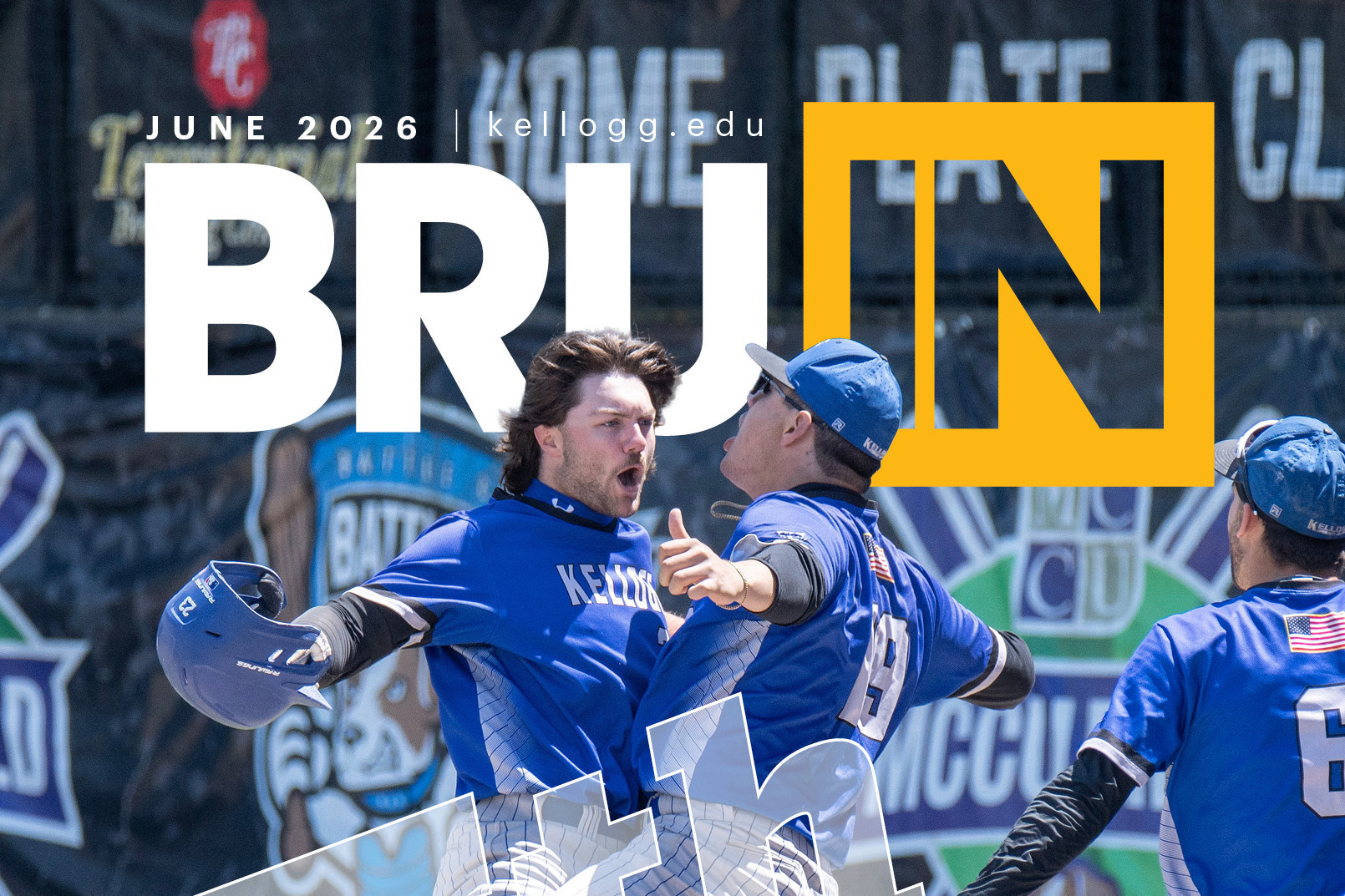 A crop of the June 2026 BruIN magazine cover featuring a photo of KCC baseball players celebrating after a run.