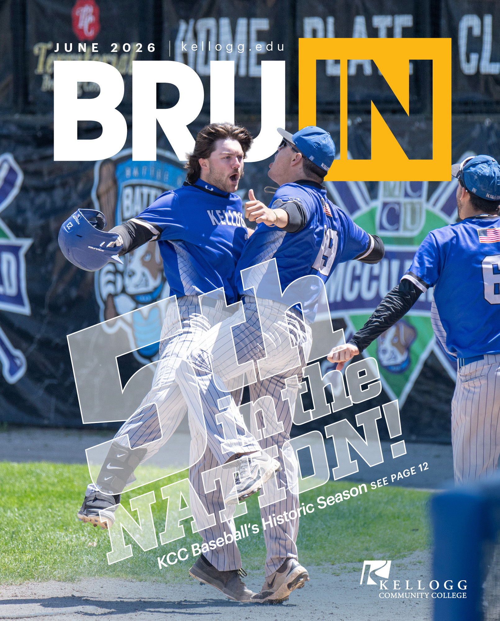 The June 2026 BruIN magazine cover featuring a photo of KCC baseball players celebrating after a run and text that reads, “5th in the nation! KCC baseball’s historic season, see page 12.”