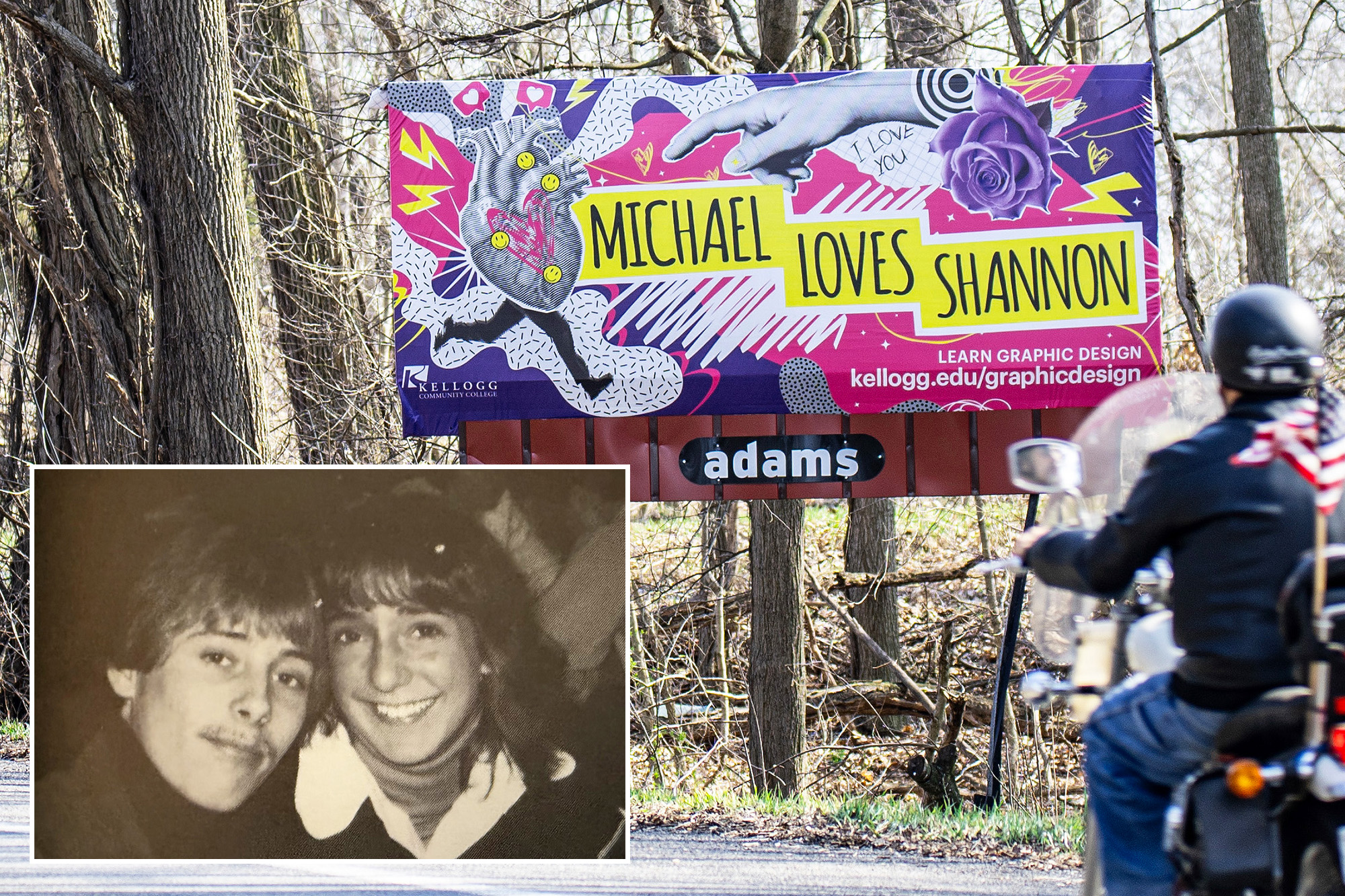 A motorcyclist drives by a billboard featuring a colorful well-designed graphic featuring illustrations of a hand, a heart, flowers and other items and text that reads, “Michael Loves Shannon. Learn Graphic Design. kellogg.edu/graphicdesign.” An old black and white photo of a couple is layered on top of the bottom left of the image.
