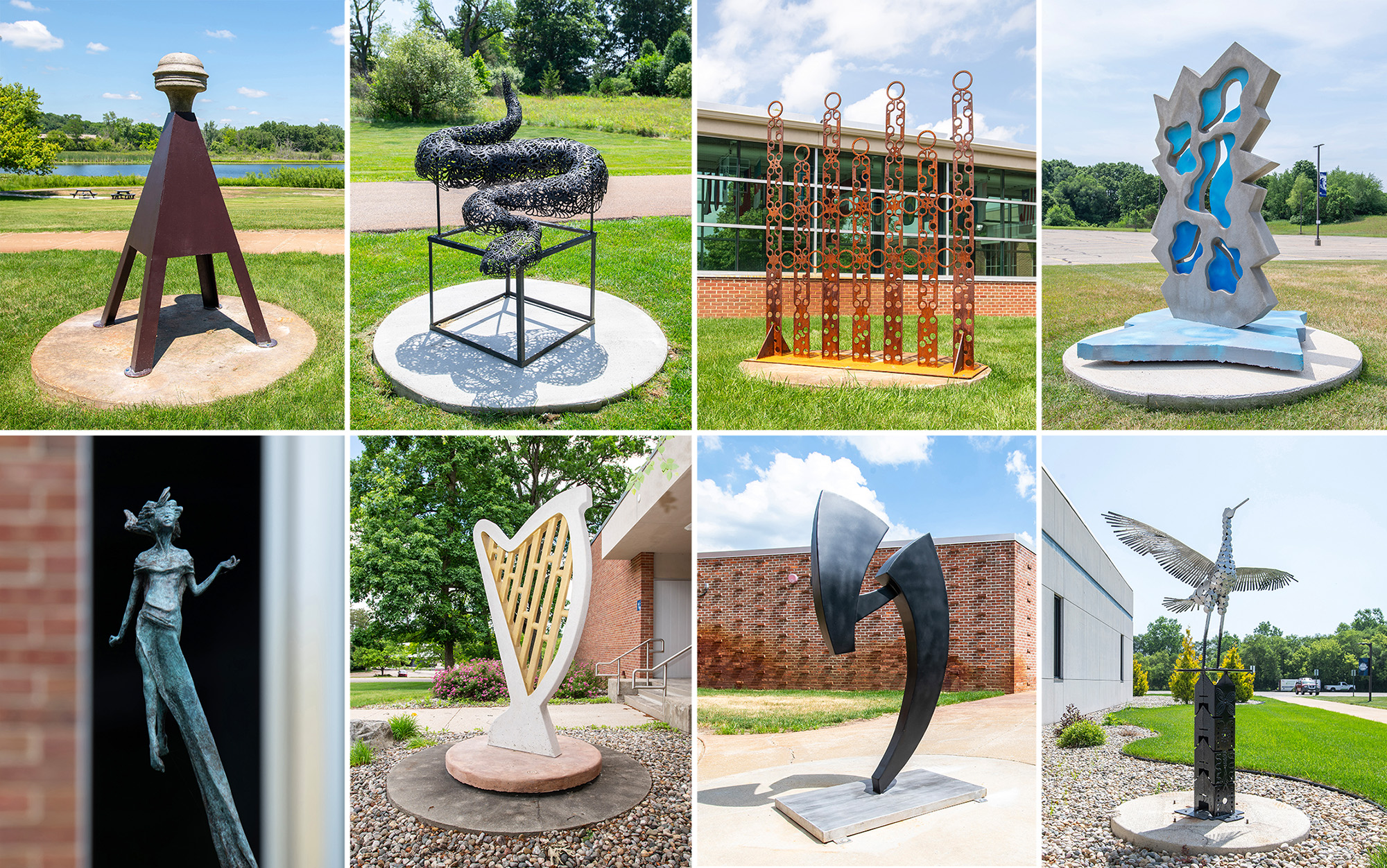 A college of photos of the eight new sculptures installed on campus.
