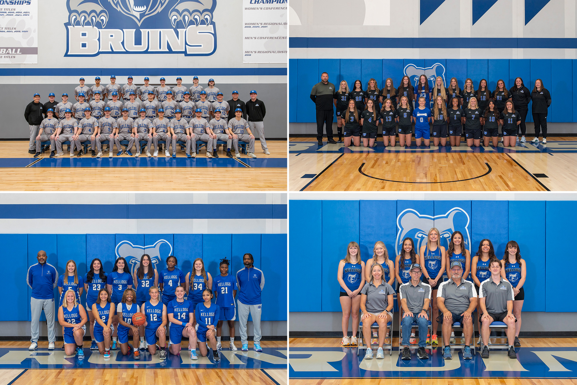 A collage of team photos of KCC's four academic teams of the year: baseball, women's soccer, women's basketball and women's cross country.