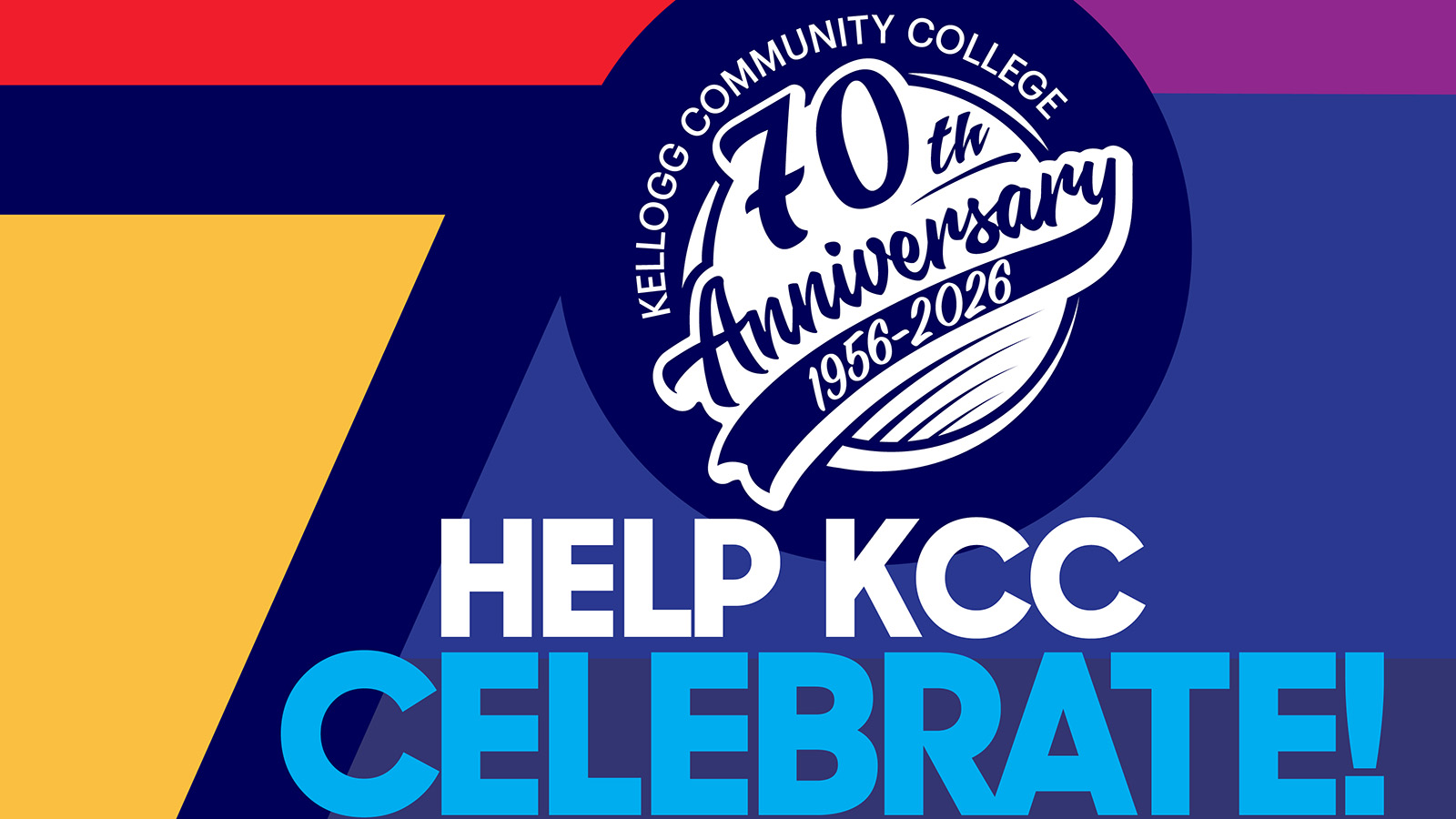 A colorful promotional graphic with text on it that reads, “Help KCC celebrate!” along with the College’s 70th anniversary logo that reads, “70th anniversary, 1956-2026.”