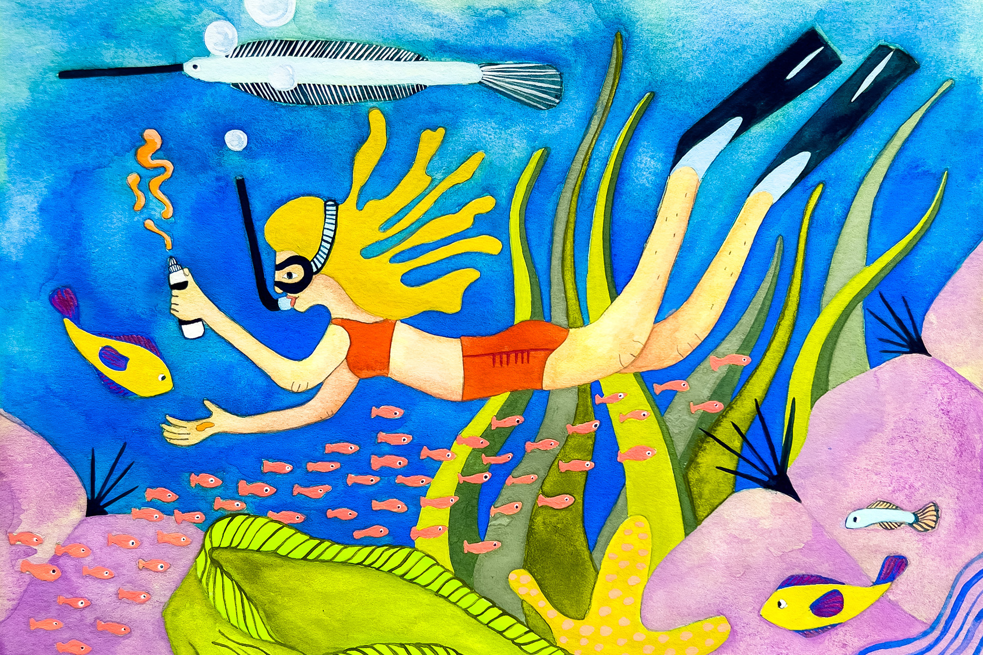 A colorful illustrative painting of a woman snorkeling underwater with underwater plants and fish.