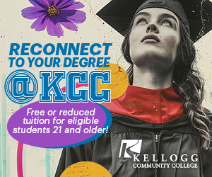 An ad graphic featuring a stylized image of a female graduate in cap and gown and text that reads, “Reconnect to your degree at KCC via Michigan Reconnect. Free or reduced tuition for eligible students 21 and older.”