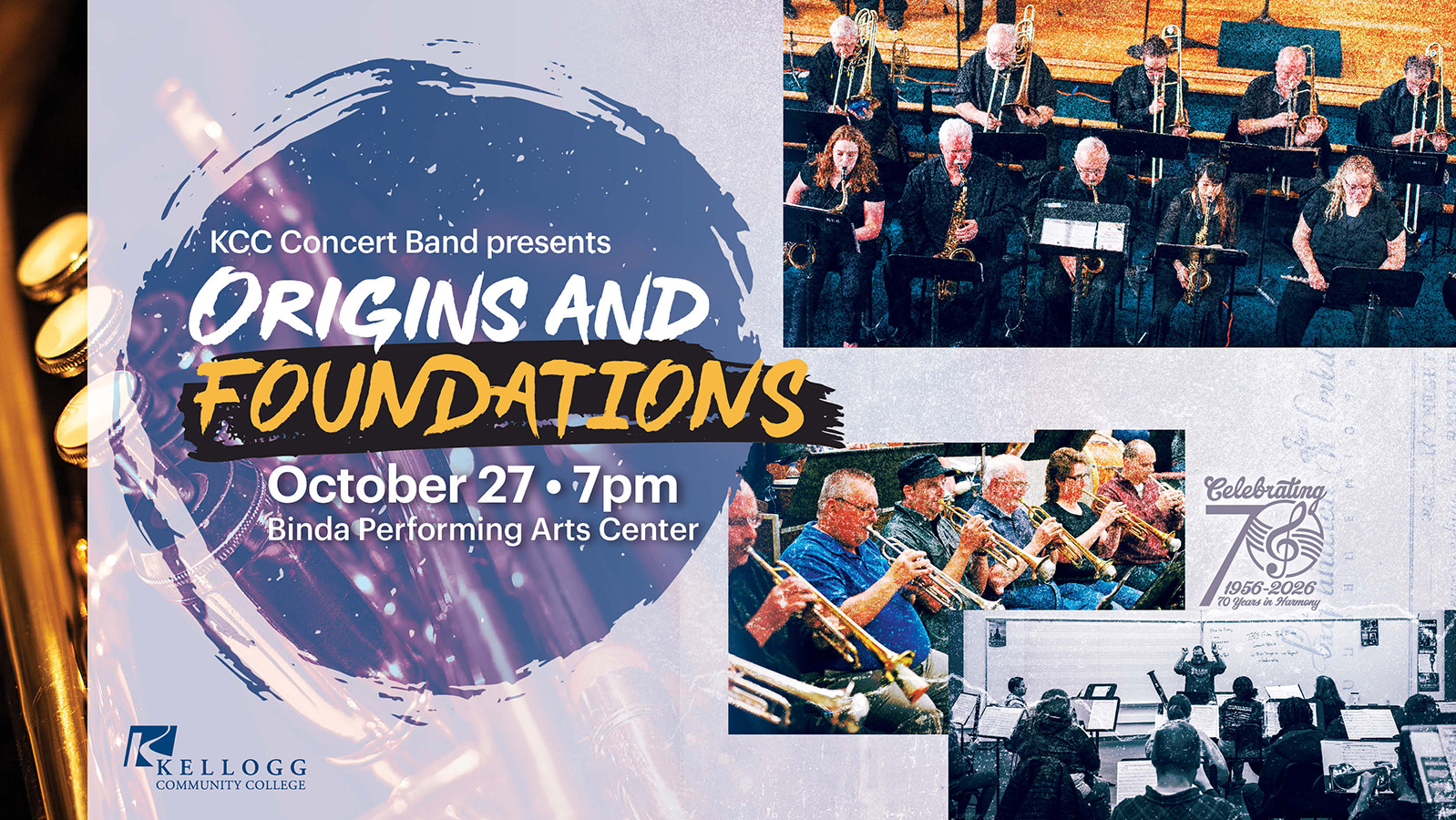 A promotional graphic showing images of a band playing and text that reads, “KCC Concert Band presents Origins and Foundations, 7 p.m. Oct. 27, Binda Performing Arts Center.”